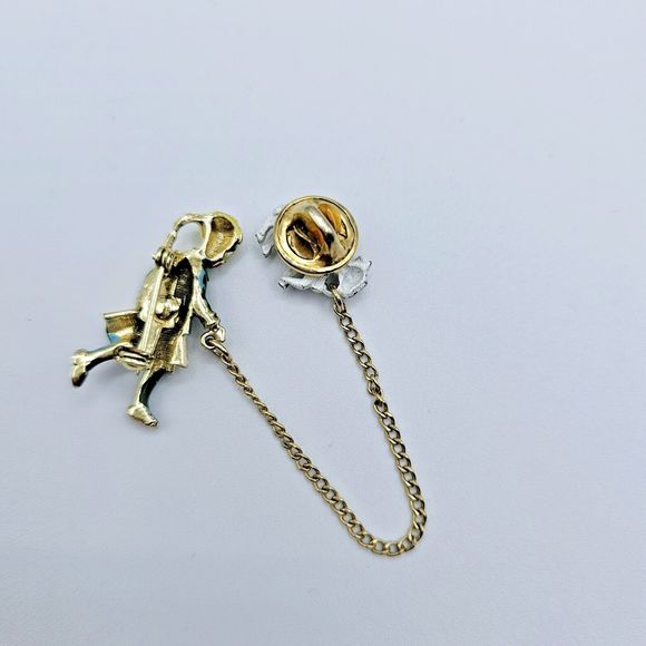 Double Brooch Vintage Blonde Girl Walking Lamb Pet Enamel Gold Tone Jewelry Pin - Picture 4 of 8